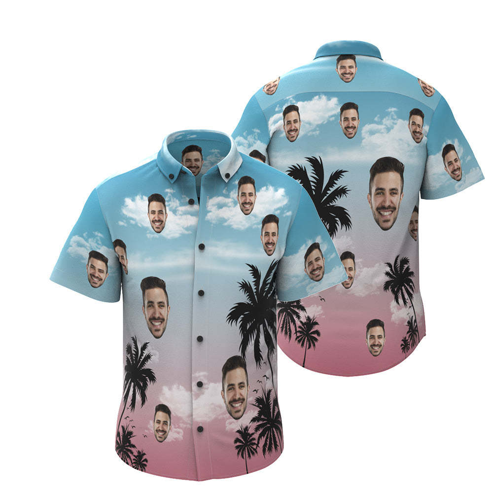 Custom Face Hawaiian Shirt Personalized Men's Photo Coconut Tree View Shirt Vacation Party Gift