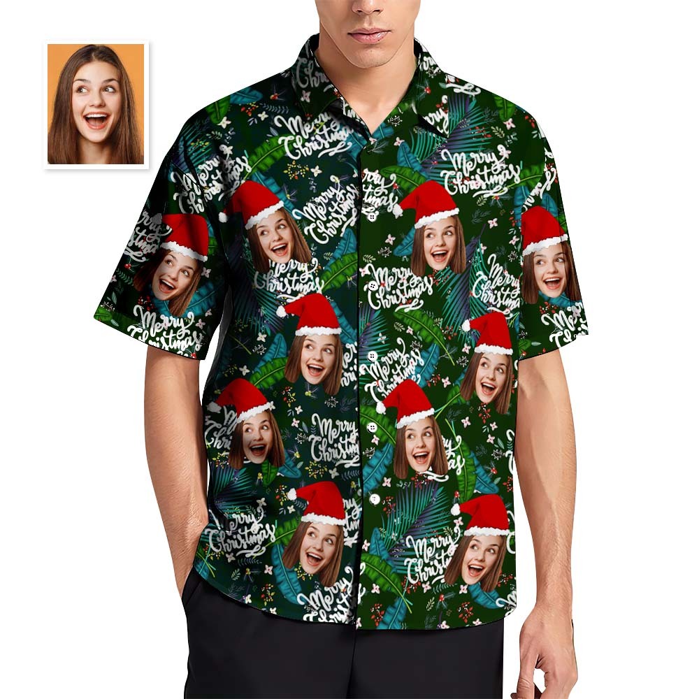 Custom Face Hawaiian Shirts Personalized Photo Gift Men's Christmas Shirts Flower and Leaves