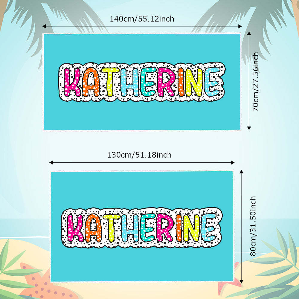 Personalized Dalmatian Dots Beach Towel with Rainbow Name Summer Vacation Bridesmaid Party Gift for Her - MyPhotoBoxer