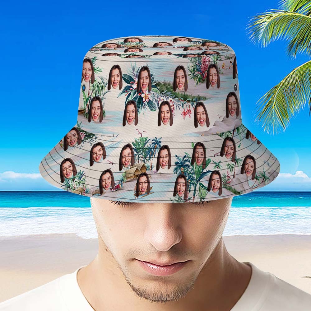 Custom Bucket Hat Unisex Face Bucket Hat Summer Print Bucket Hat Beach and Green Leaves