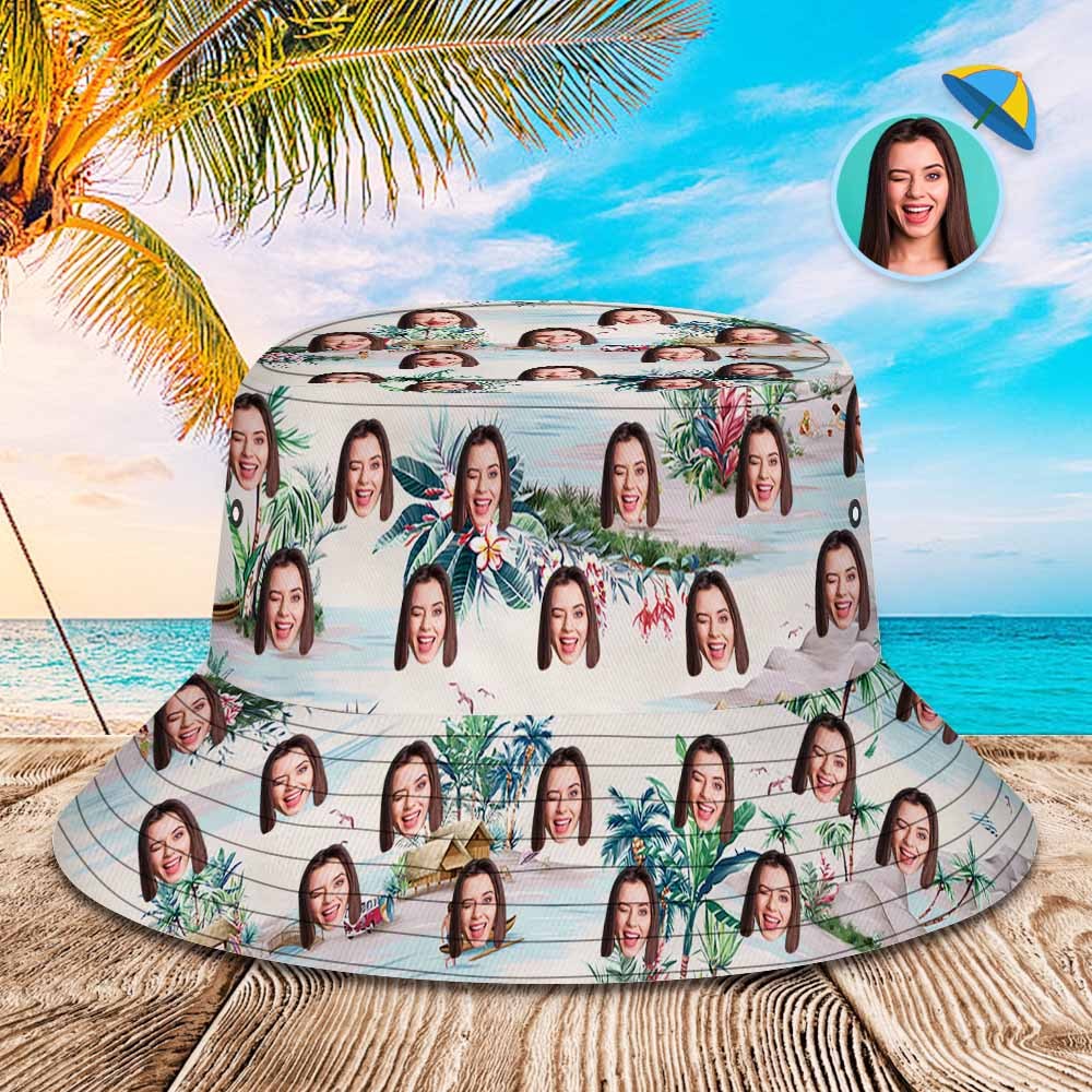 Custom Bucket Hat Unisex Face Bucket Hat Summer Print Bucket Hat Beach and Green Leaves