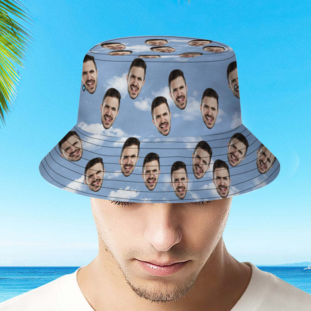 Custom Face Bucket Hat Unisex Personalized Photo Summer Cap Blue With Clouds Hiking Beach Hats Gift for Lover