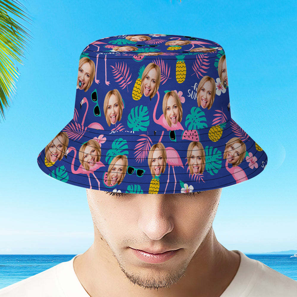 Custom Face Bucket Hat Unisex Personalized Photo Summer Cap Flamingo Pattern Hiking Beach Hats Gift for Lover - Hello Summer