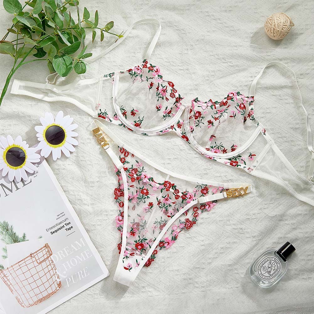 Custom Rhinestone Alphabet Sexy Embroidered Thong Bra Set - MyPhotoBoxer