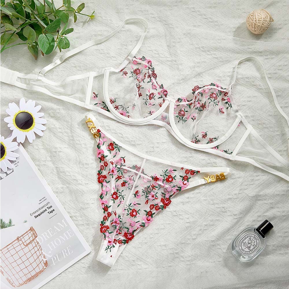 Custom Rhinestone Alphabet Sexy Embroidered Thong Bra Set - MyPhotoBoxer