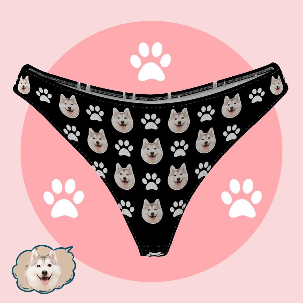 Personalized Photo Thong Dog Face Underwear Cute Paw Print - black