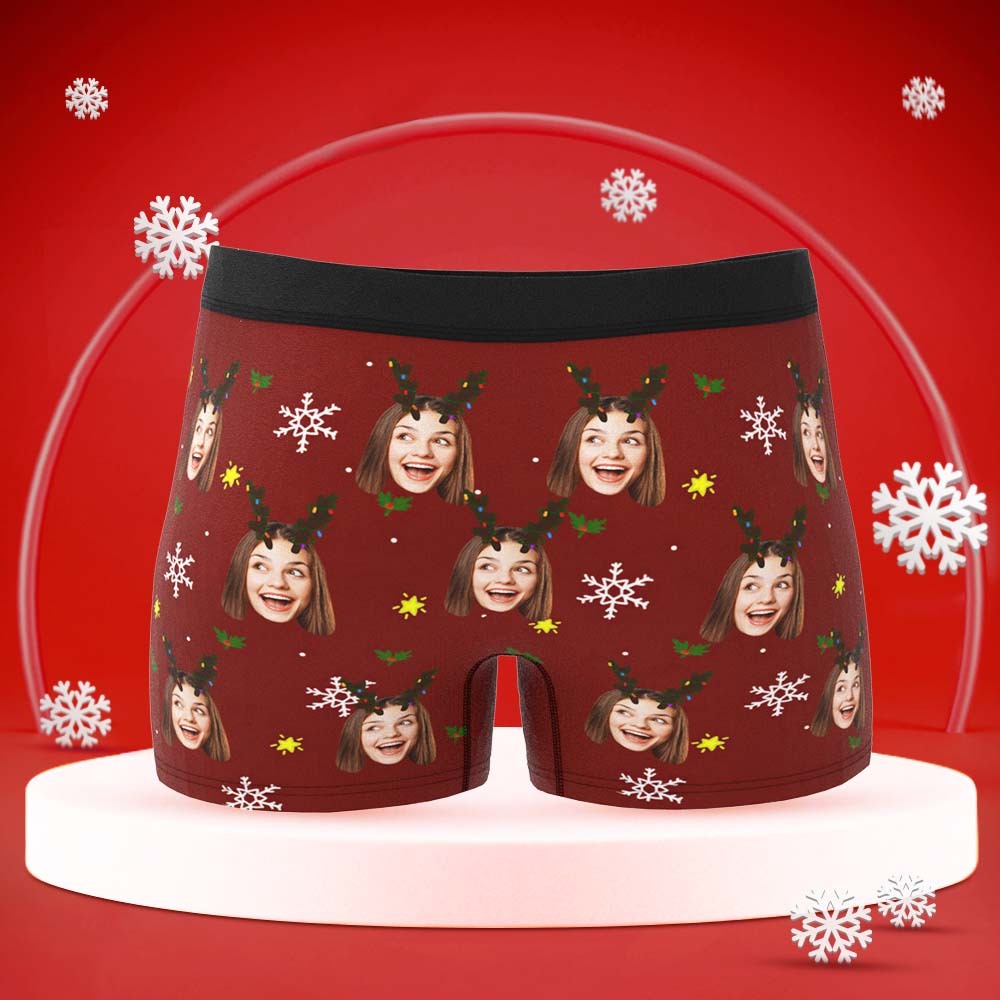 Custom Face Boxers Briefs Personalized Men's Shorts With Photo Snowflake And Antler Christmas Gifts