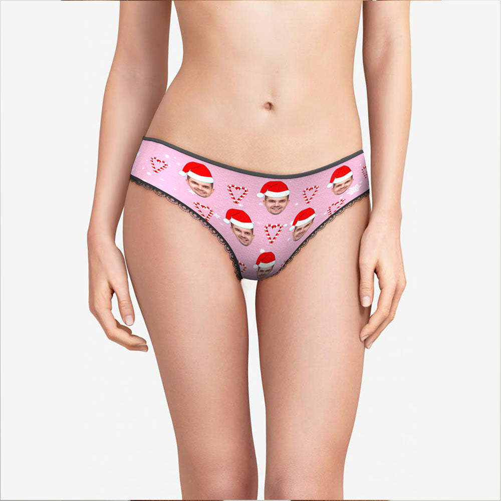 Custom Face Pink Christmas Candy Women's Panties Personalized Pink Christmas Gift