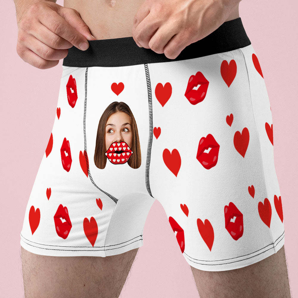 Custom AR Face Heart Boxer Personalized Funny Lips Boxer Shorts Valentine's Day Gift