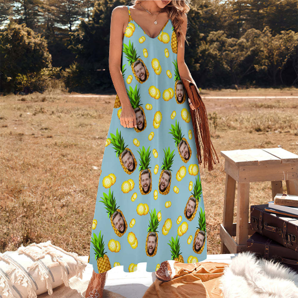 Custom Face Hawaiian Style Big Pineapple Long Dress And Shirt Family Matching
