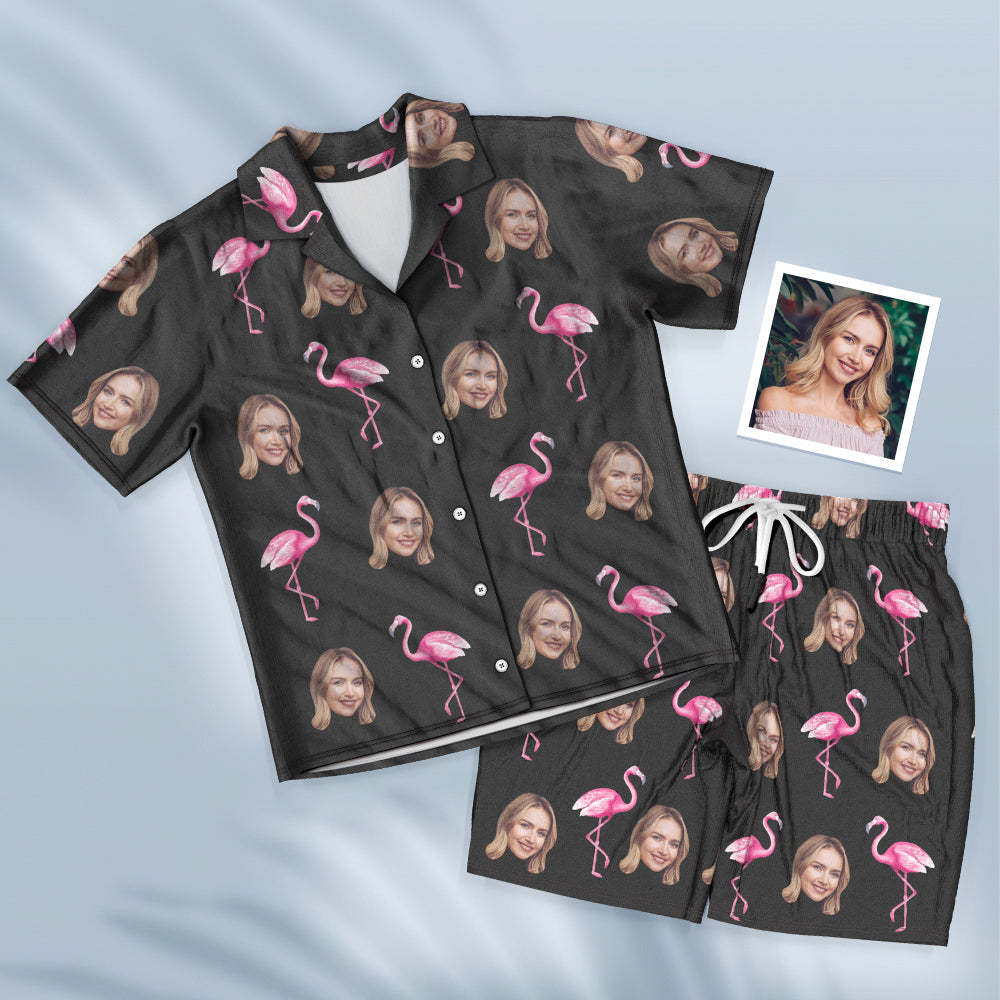Custom Face Short Sleeved Pajamas Personalised Women's Sleepwear Flamingo Gifts For Her