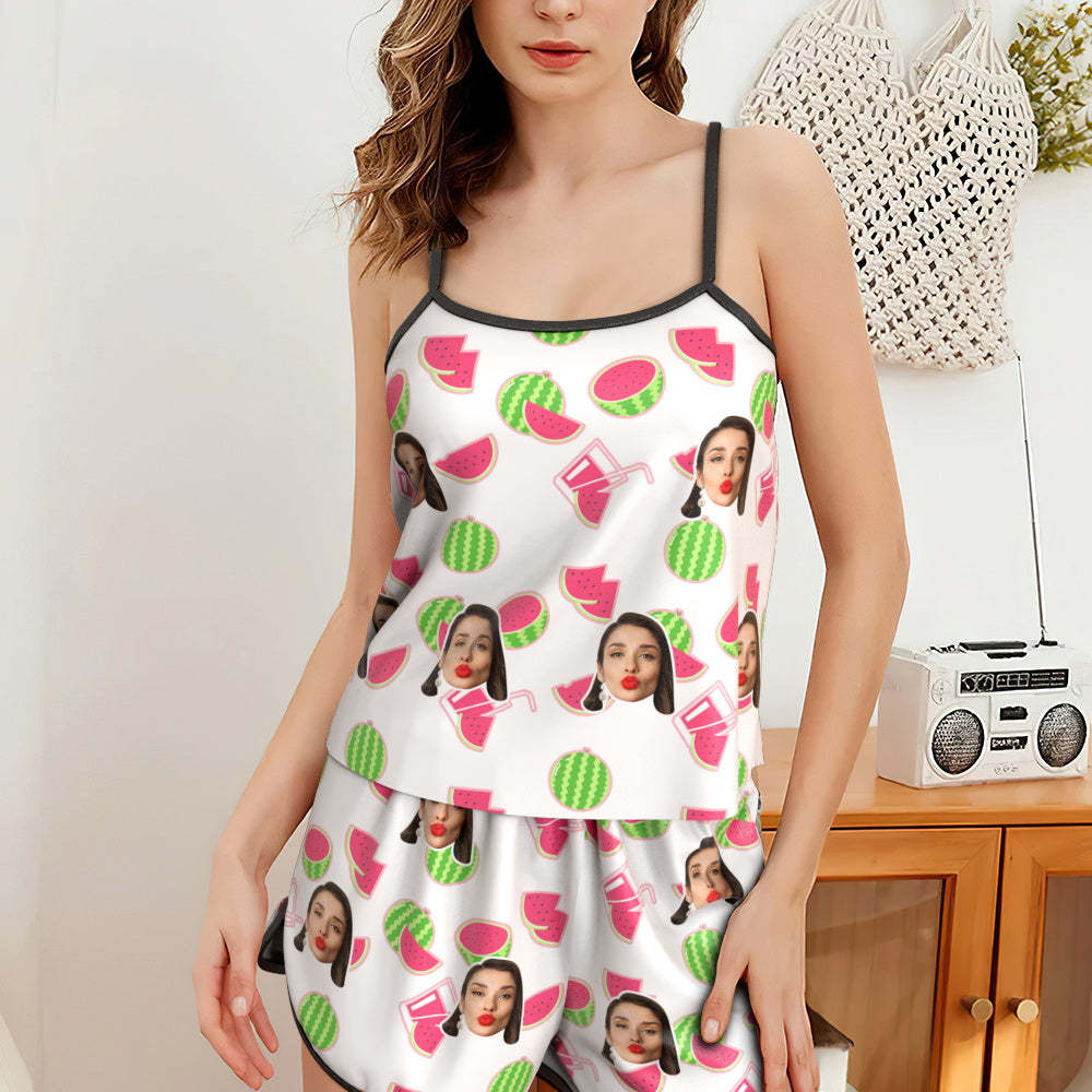 Custom Face Pajamas Suspender Sleepcoat Shorts Lingerie Set Summer Sleepwear - Watermelon