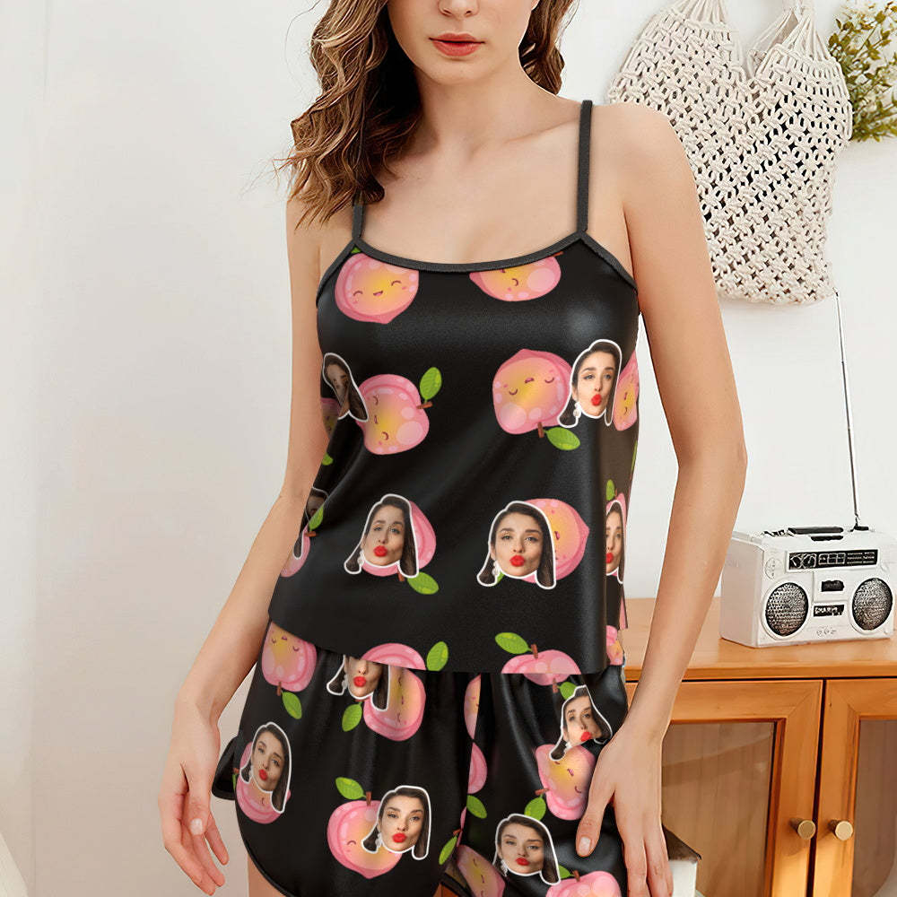 Custom Face Pajamas Suspender Sleepcoat Shorts Lingerie Set Summer Sleepwear - Peach