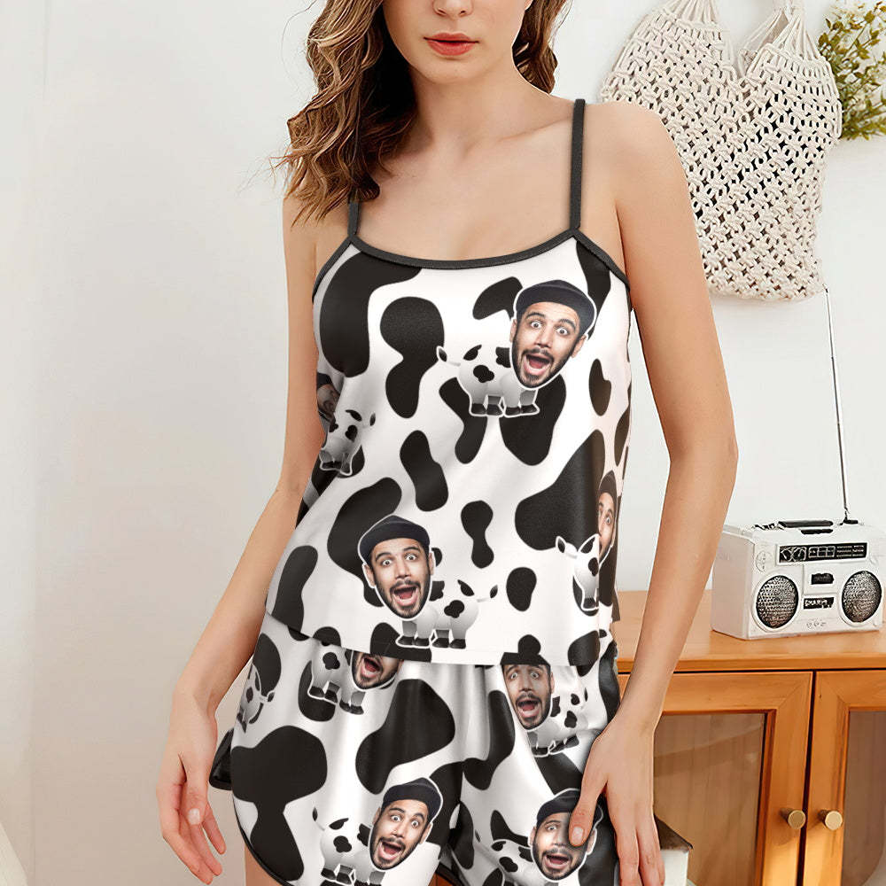 Custom Face Pajamas Suspender Sleepcoat Shorts Lingerie Set Summer Sleepwear - Cow