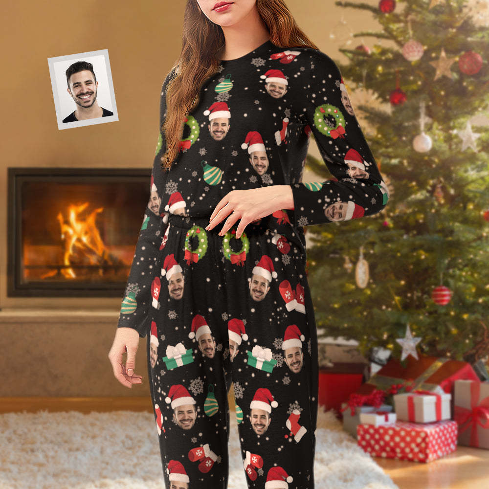 Custom Face Pajamas Personalized Round Neck Long Pajamas For Women - Christmas Snowflake