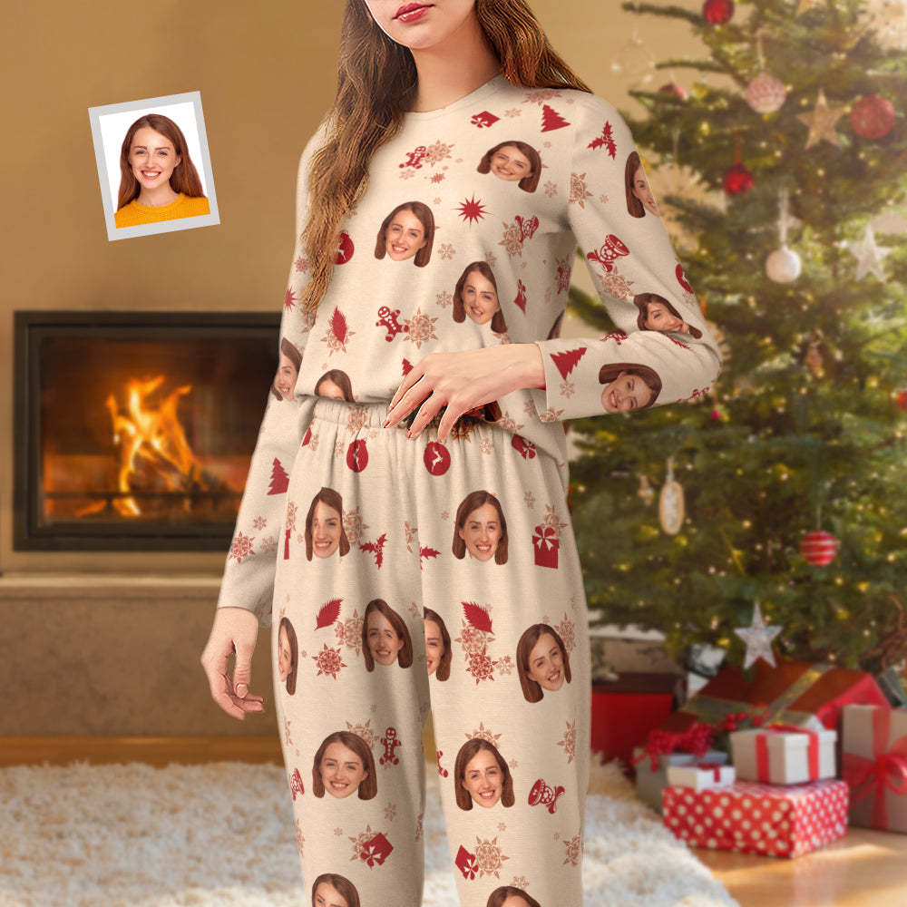 Custom Face Pajamas Personalized Round Neck Long Pajamas Christmas Gift For Women
