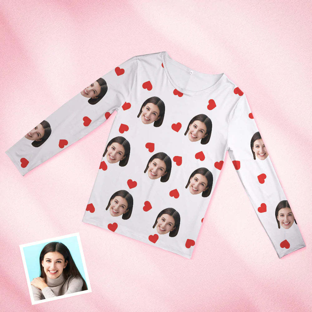 Custom Face Pajamas Personalized Round Neck Love Red Heart Pajamas For Women Valentine's Day Gift