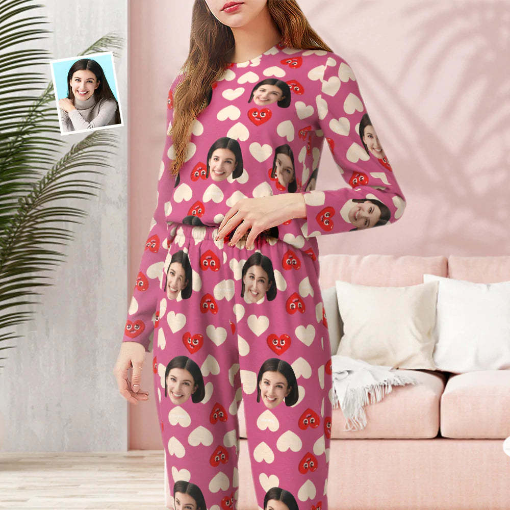 Custom Face Pink Pajamas Personalized Round Neck Love Funny Heart Pajamas For Women Valentine's Day Gift