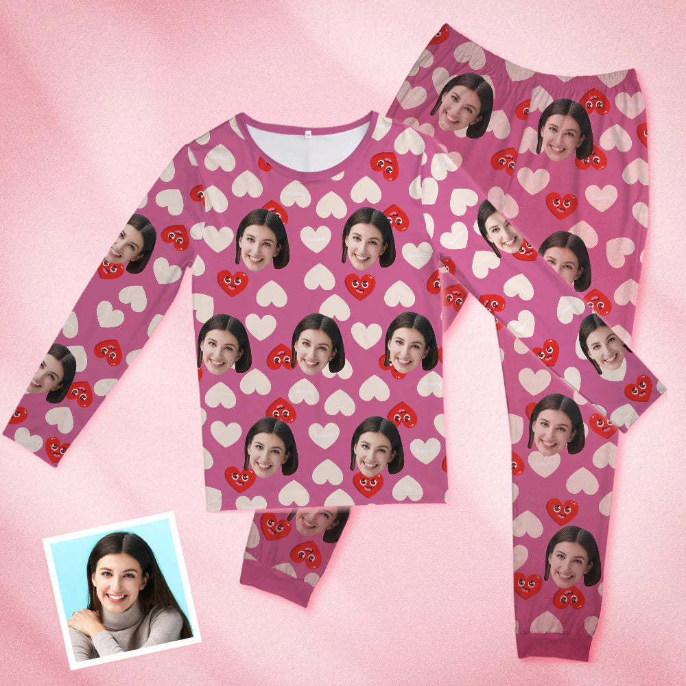 Custom Face Pink Pajamas Personalized Round Neck Love Funny Heart Pajamas For Women Valentine's Day Gift