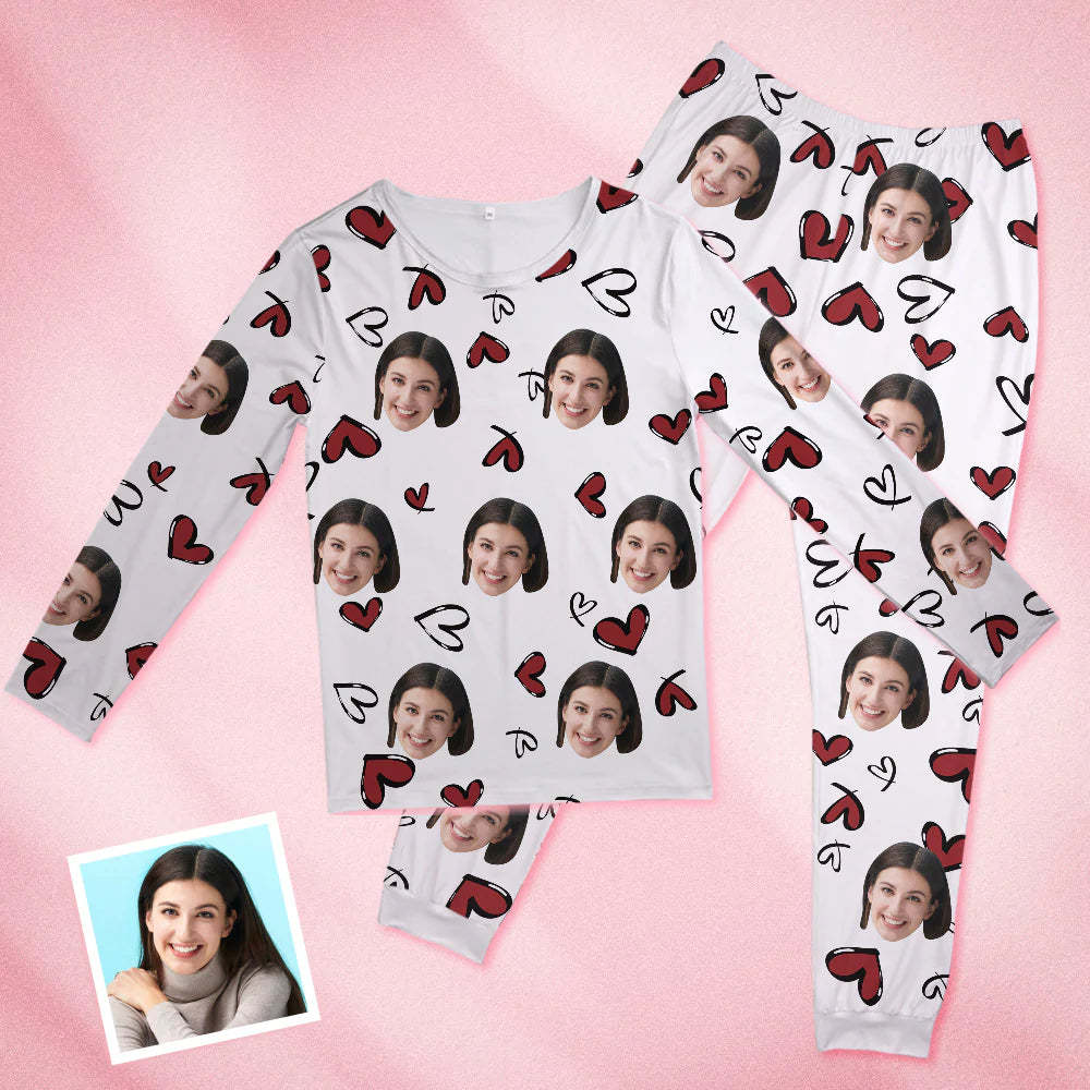 Custom Face White Pajamas Personalized Round Neck Funny Heart Pajamas For Women Valentine's Day Gift