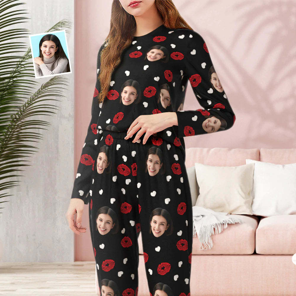 Custom Face Black Pajamas Personalized Round Neck Lips And Heart Pajamas For Women Valentine's Day Gift