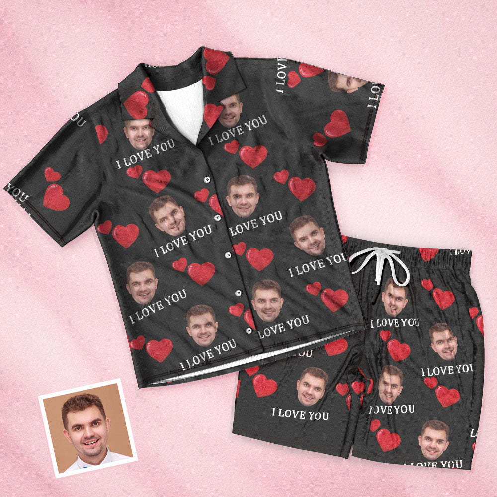 Custom Face Short Sleeved Pajamas Personalized Photo Heart Sleepwear Women Men Summer Pajamas Valentine's Day Gift - I Love You