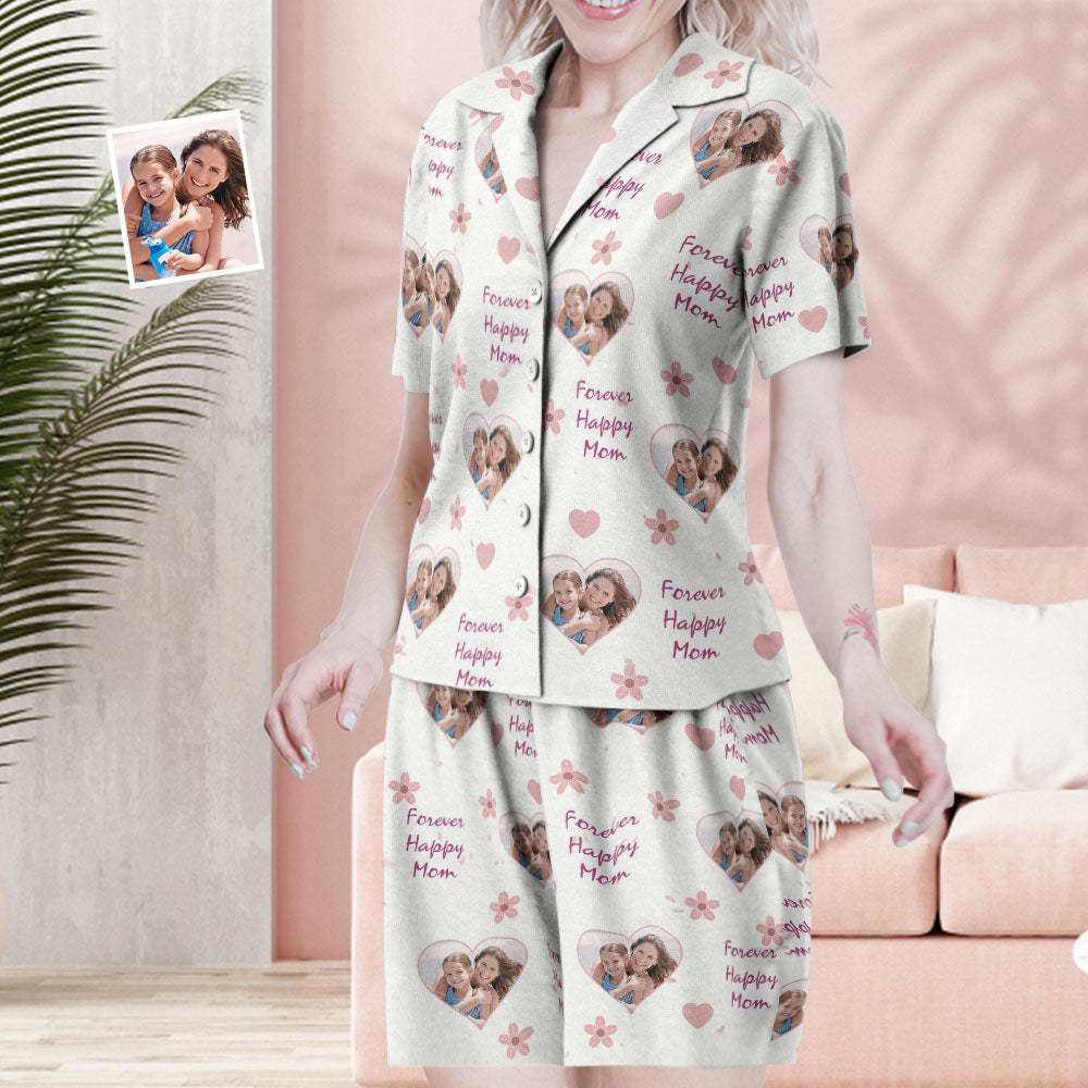 Custom Photo Short Sleeved Pajamas Personalized Sleepwear Women Summer Pajamas Forever Happy Mom