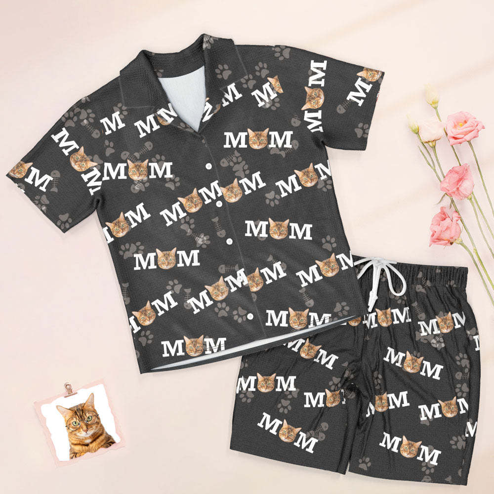 Custom Face Short Sleeved Pajamas Personalized Photo Sleepwear Women Summer Black Pajamas Cat Mom