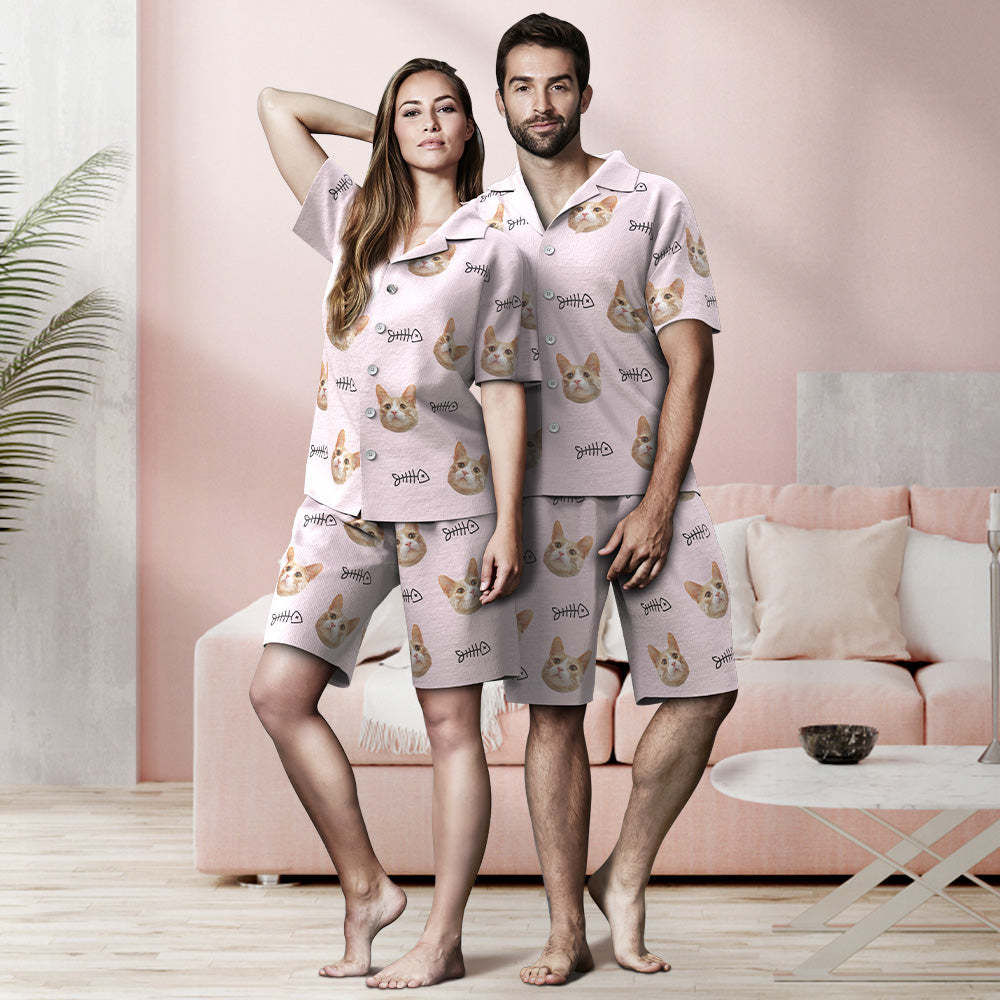 Custom Face Short Sleeved Pajamas Personalized Cat Sleepwear With Fish Women Men Pajamas - MyPhotoBoxer