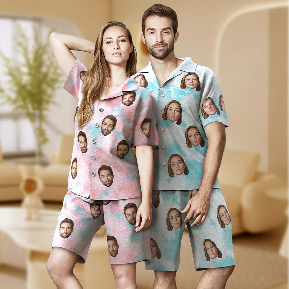 Custom Face Blue Tie Dye Pajamas Personalized Photo Short Sleepwear Love Gifts For Lover