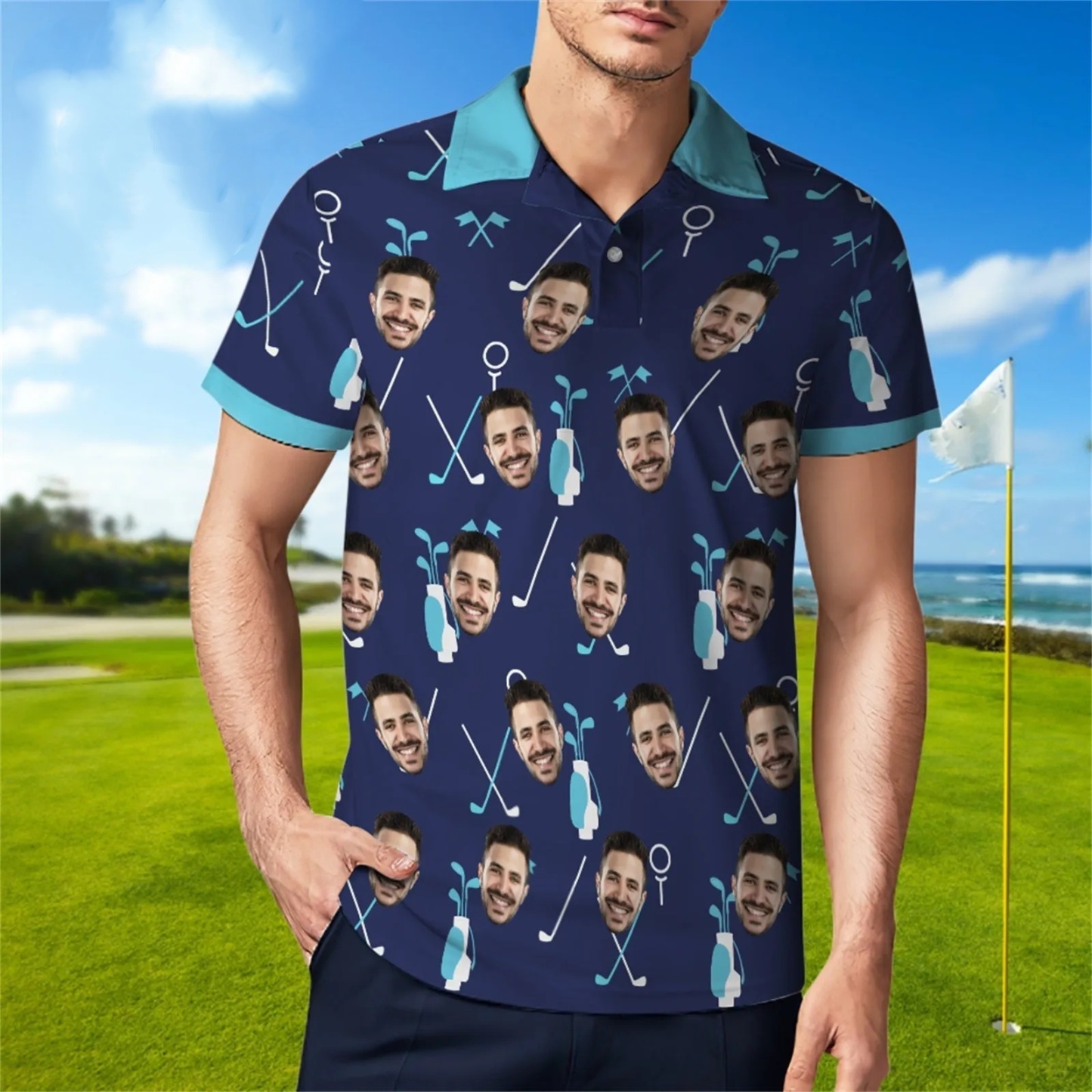 Custom Face Blue Polo Shirt For Men Personalized Golf Shirts