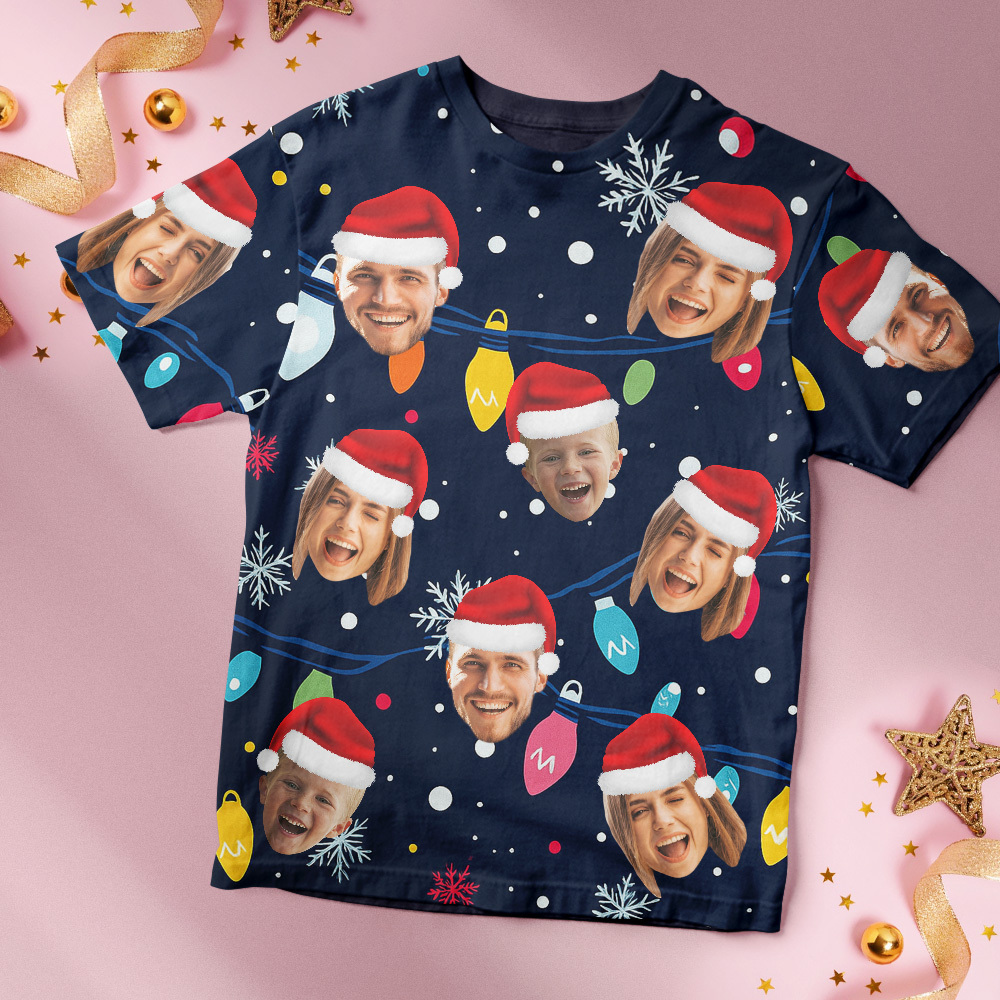 Custom Face T-shirt Personalized Personalized Photo Xmas Leds Unisex T-shirts Merry Christmas - MyPhotoBoxer