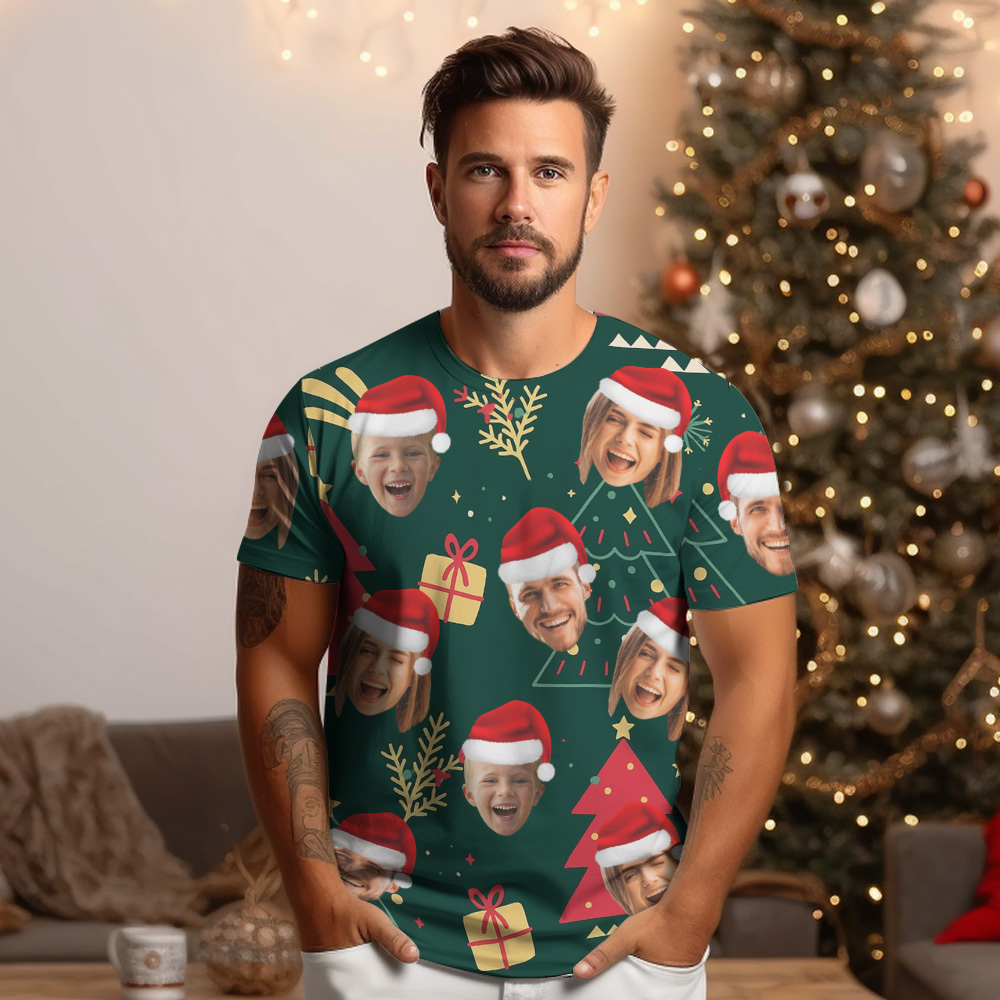 Custom Face T-shirt Personalized Personalized Photo Xmas Leds Unisex T-shirts Merry Christmas - MyPhotoBoxer