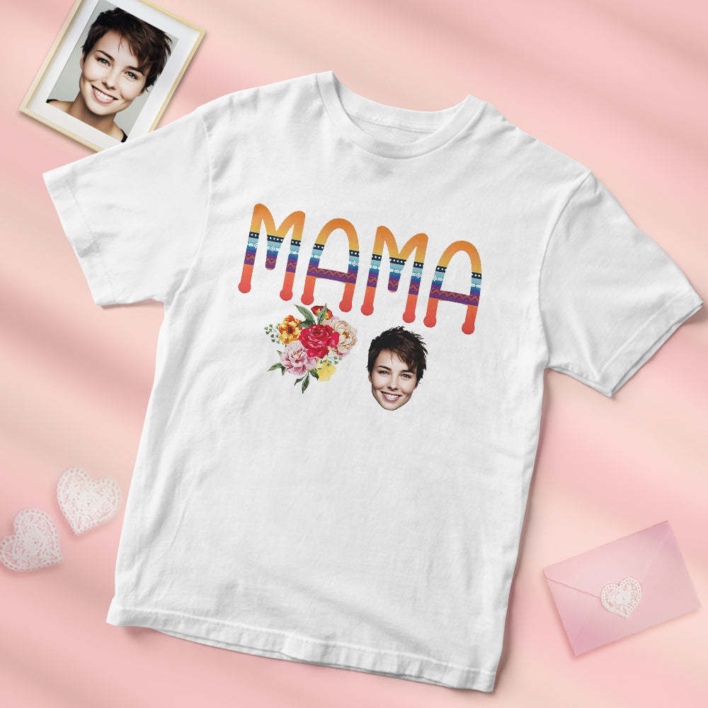 Custom Face MAMA Shirt With Flowers Personalized Photo Mothe's Day Shirt