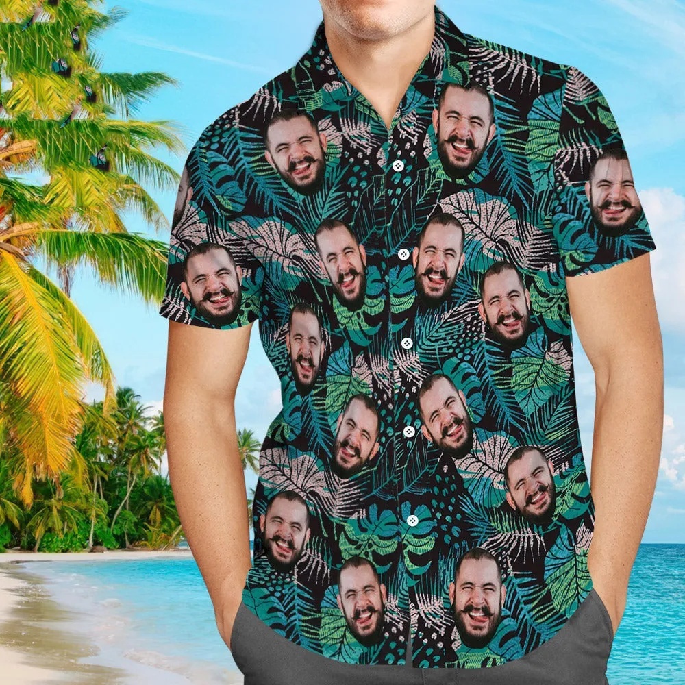 Custom Face Hawaiian Shirt Large Leaves Short Sleeve Shirt Personalized Summer Gift