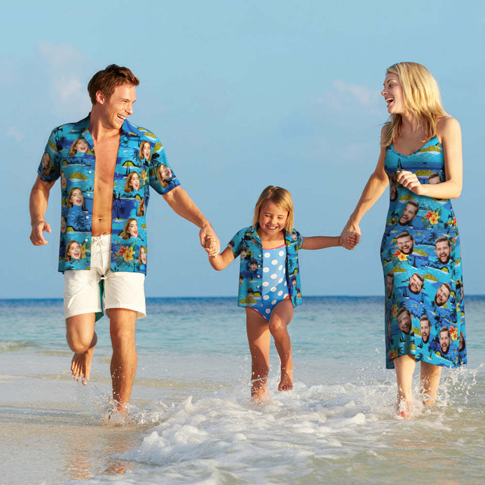 Custom Face Hawaiian Style Vice City Large Leaves Long Dress And Shirt Family Matching