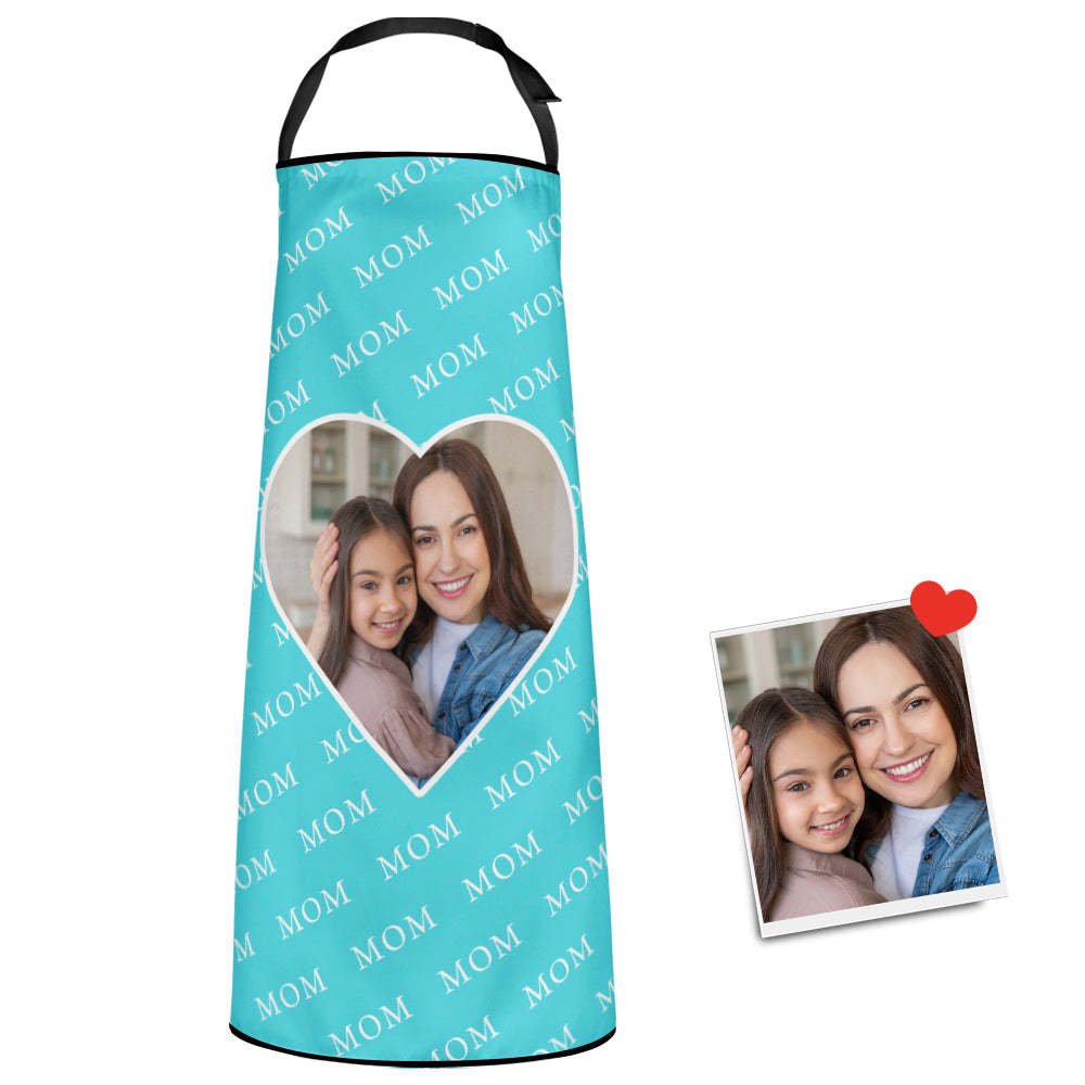 Custom Photo Heart Kitchen Apron Personalized Teal Blue Kitchen Apron Cooking Gift For Mom