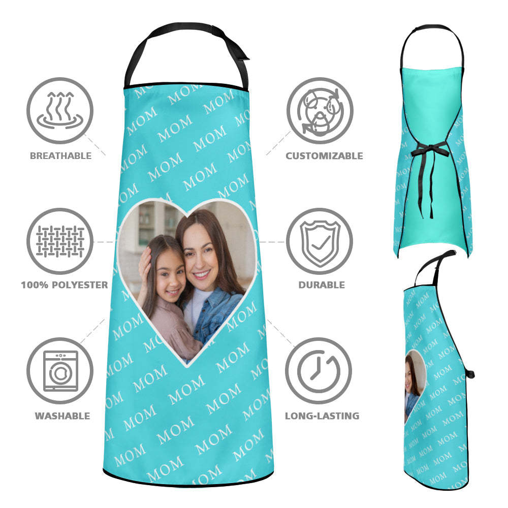 Custom Photo Heart Kitchen Apron Personalized Teal Blue Kitchen Apron Cooking Gift For Mom