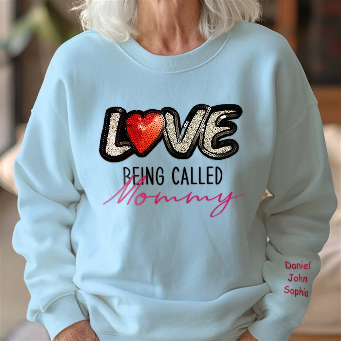 Personalized Names Sweatshirt Custom Sweatshirt with LOVE Sequins Mother's Day Gift - MyPhotoBoxer