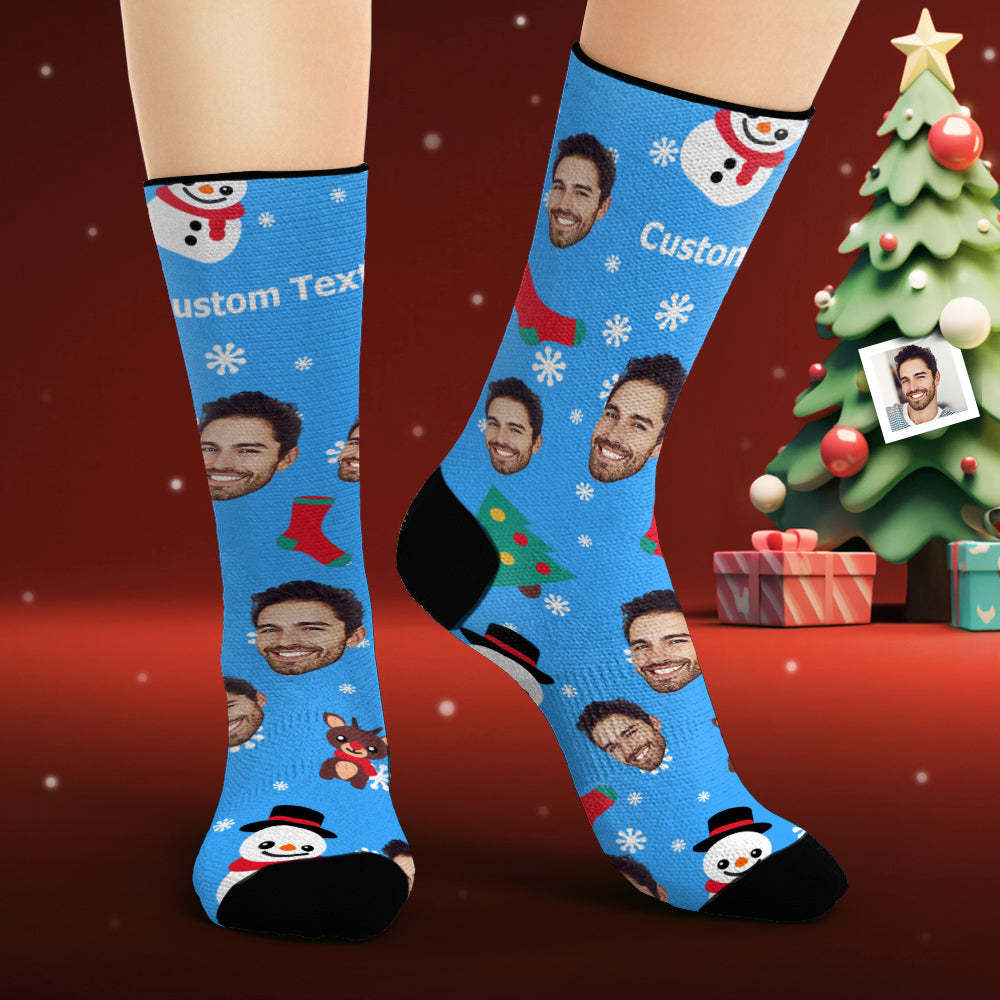 Custom Face Socks Personalized Photo Blue Socks Cartoon Santa Claus and Snowman - MyPhotoBoxer