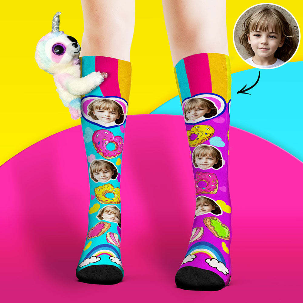Custom Socks Knee High Face Socks Sloth Doll Colorful Donut Socks - MyPhotoBoxer