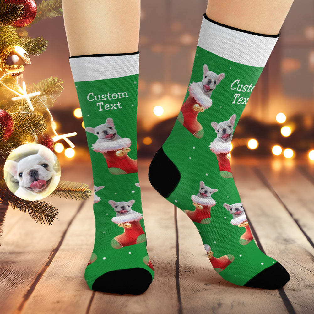 Custom Christmas Green Breathable Face Socks Personalized Dog Photo Soft Socks Gifts For Pet Lover - MyPhotoBoxer