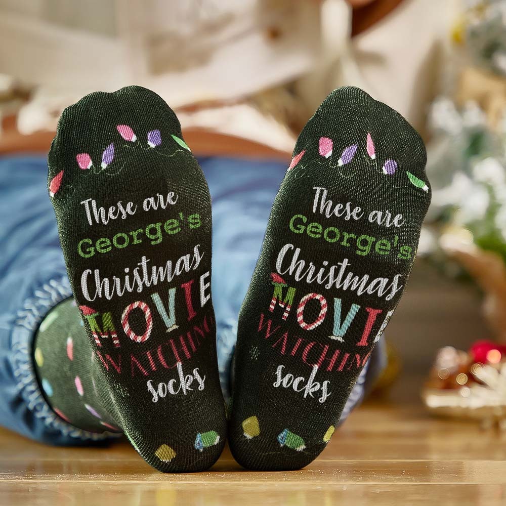 Custom Name Socks Personalized Christmas Light Socks Movies Watching Socks Merry Christmas - MyPhotoBoxer
