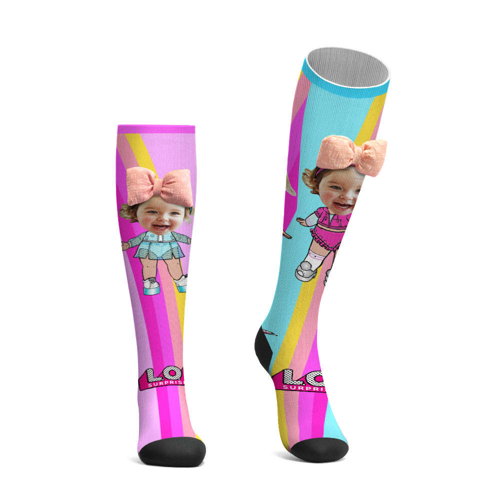 Custom Face Socks Knee High Socks 3D Cute Bow Cartoon Socks - MyPhotoBoxer