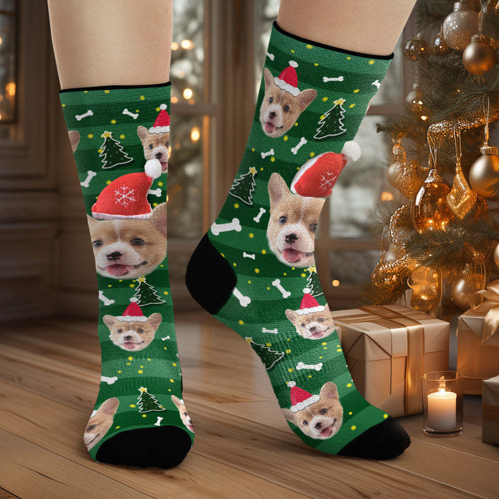 Custom Dog Face Socks Personalized 3D Santa Hat Green Socks Christmas Gifts - MyPhotoBoxer