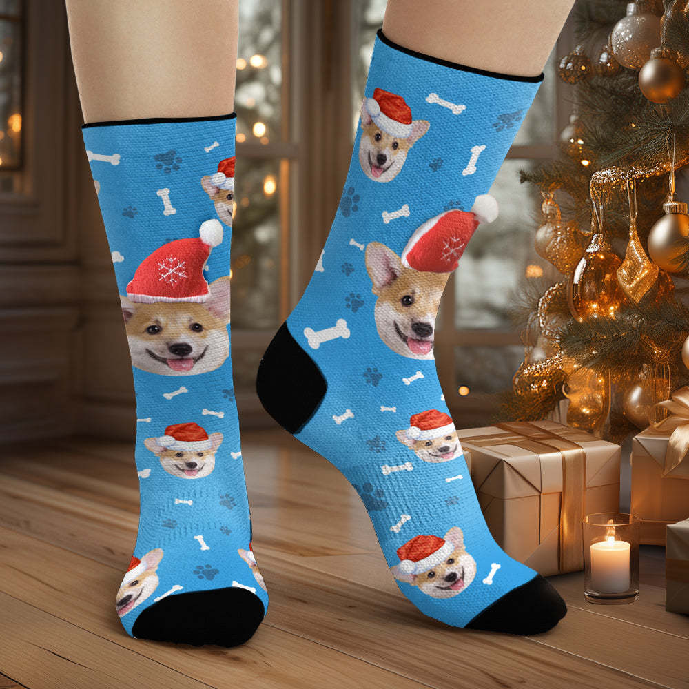 Custom Dog Face Socks Personalized 3D Santa Hat Socks Merry Christmas - MyPhotoBoxer
