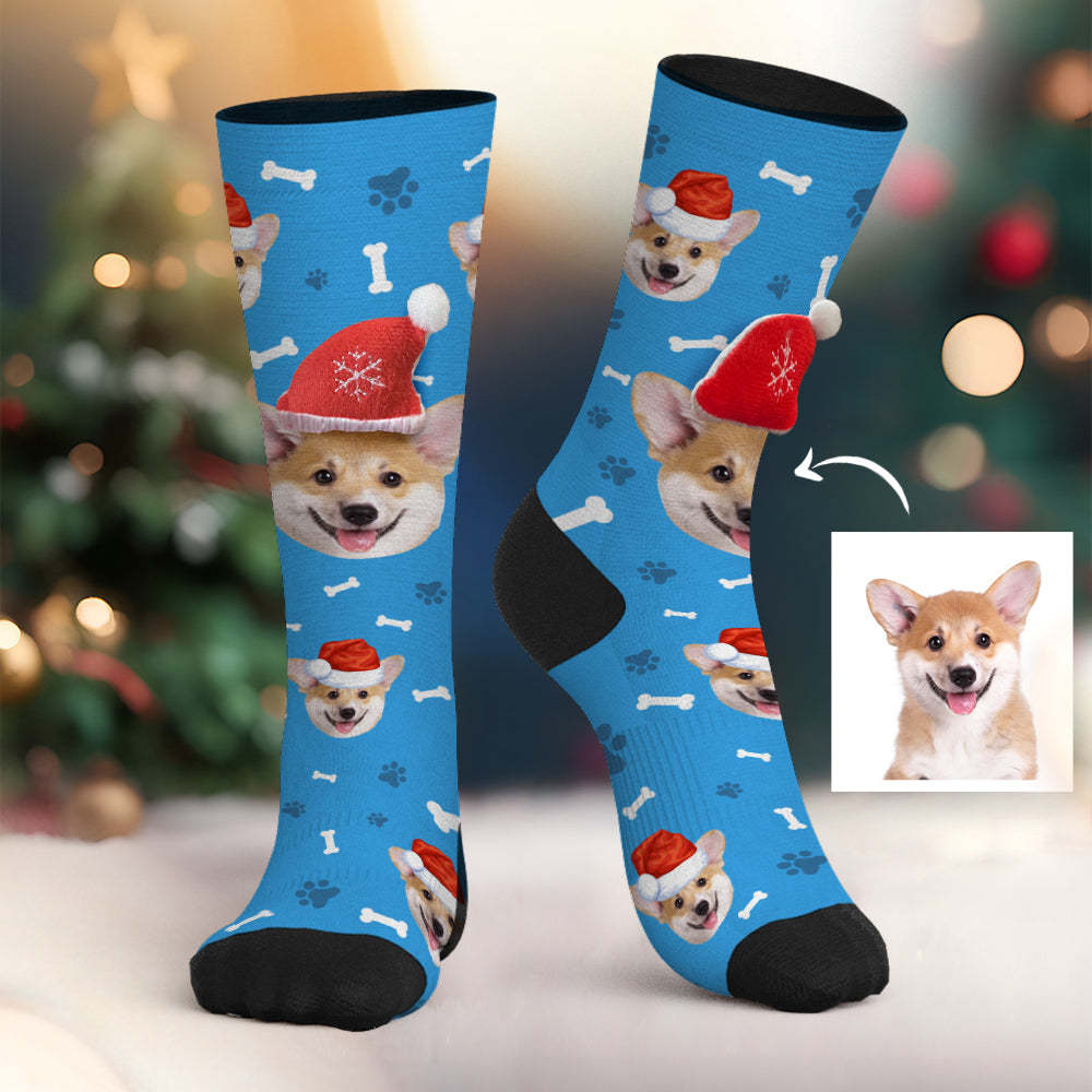 Custom Dog Face Socks Personalized 3D Santa Hat Socks Merry Christmas - MyPhotoBoxer