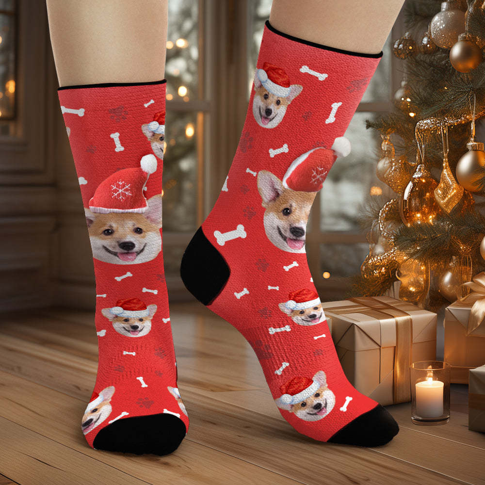 Custom Dog Face Socks Personalized 3D Santa Hat Socks Merry Christmas - MyPhotoBoxer