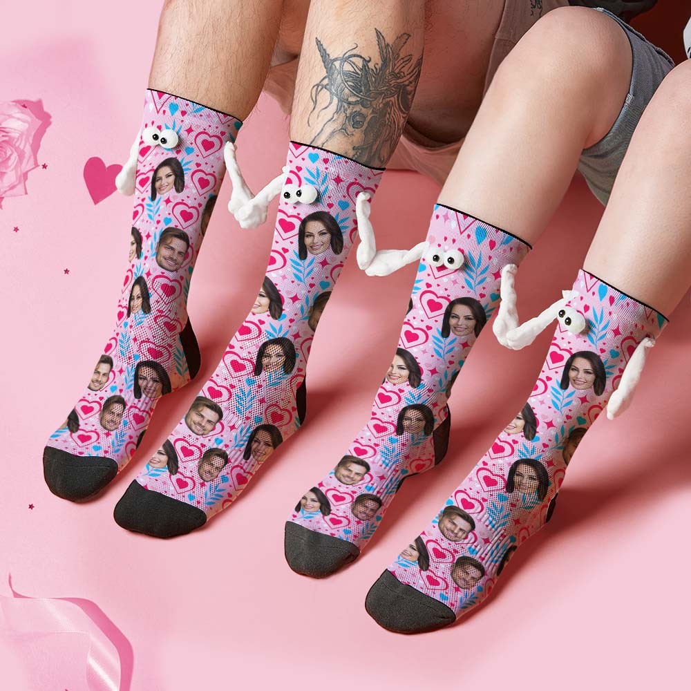 Custom Face Socks Funny Doll Mid Tube Socks Magnetic Holding Hands Socks Double Love Valentine's Day Gifts - MyPhotoBoxer