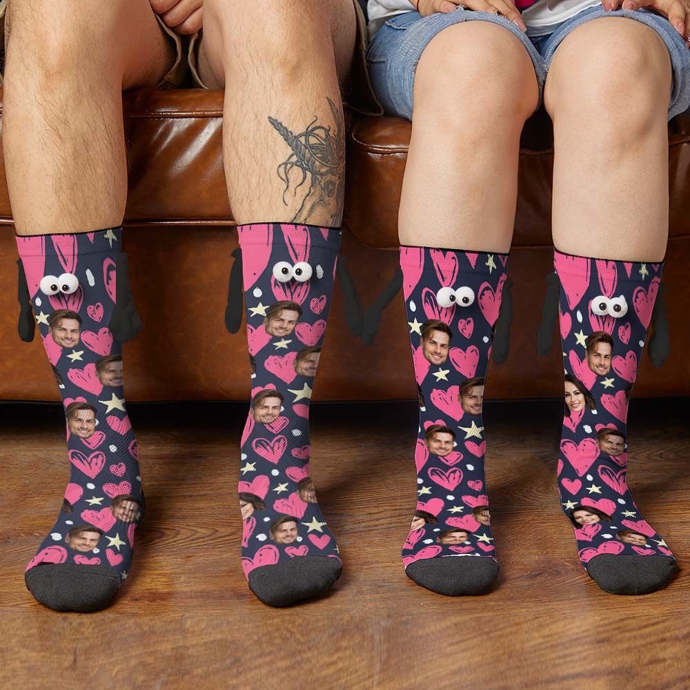 Custom Face Socks Funny Doll Mid Tube Socks Magnetic Holding Hands Socks Happy Valentine's Day - MyPhotoBoxer